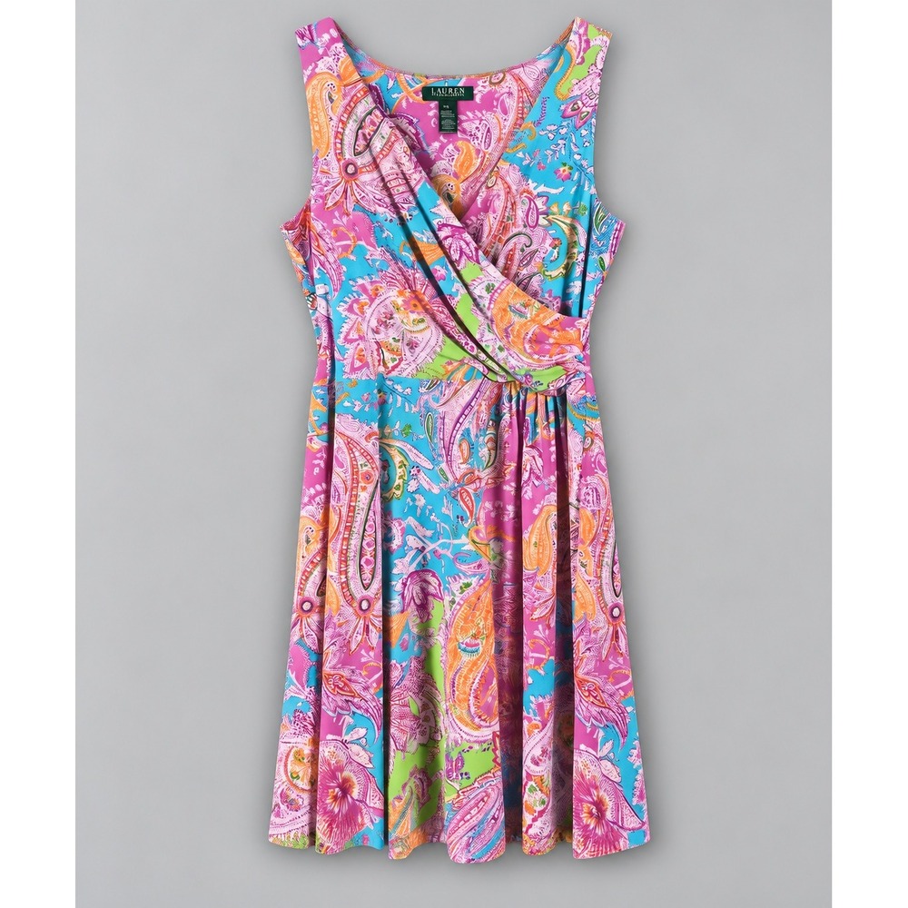 Lauren Ralph Lauren Women Pink Blue Paisley Faux Wrap Sleeveless Midi Dress P/L